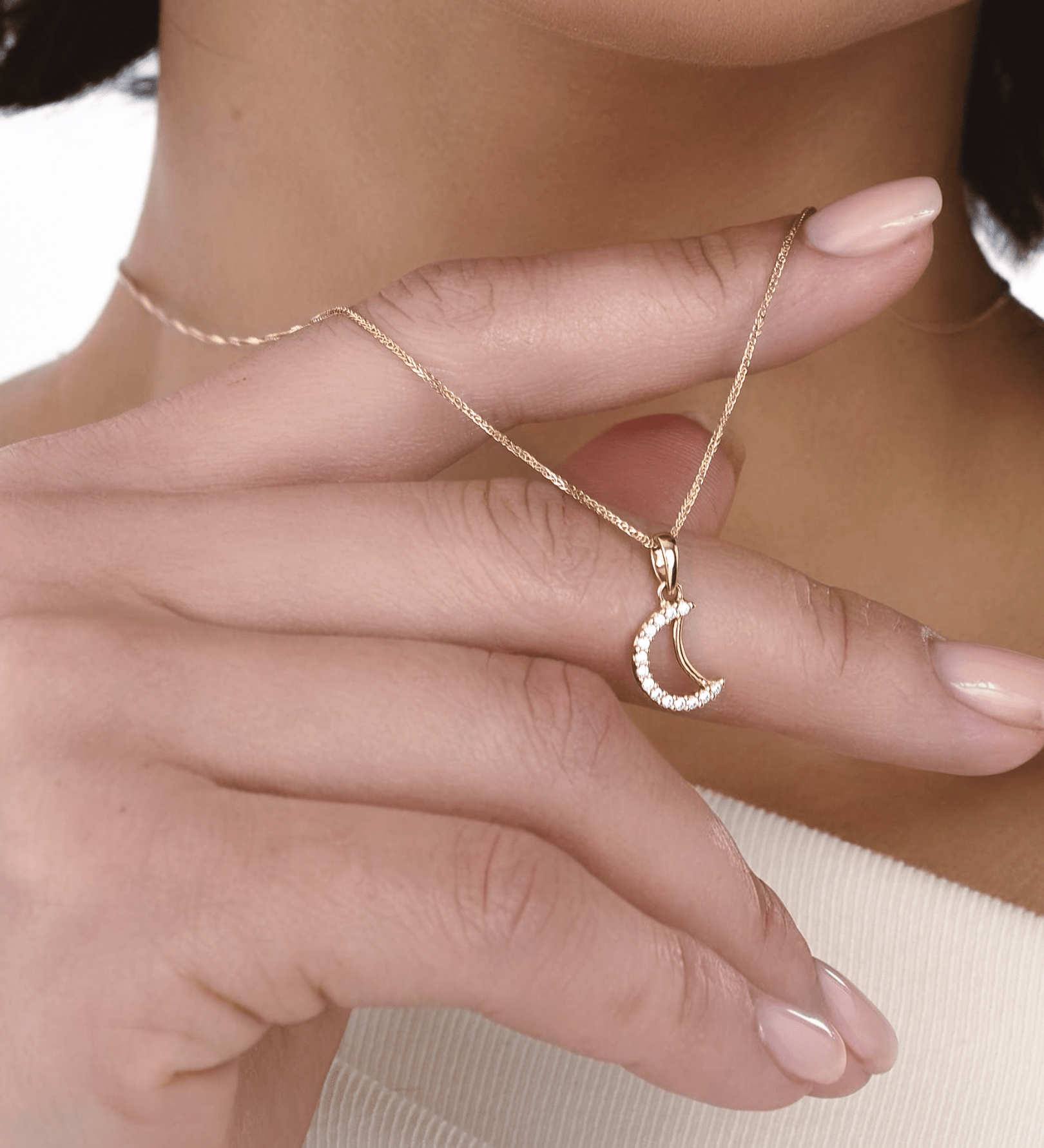 Pendente a Mezzaluna in Oro 14K con Zirconi - GIOIELLO ITALIANO