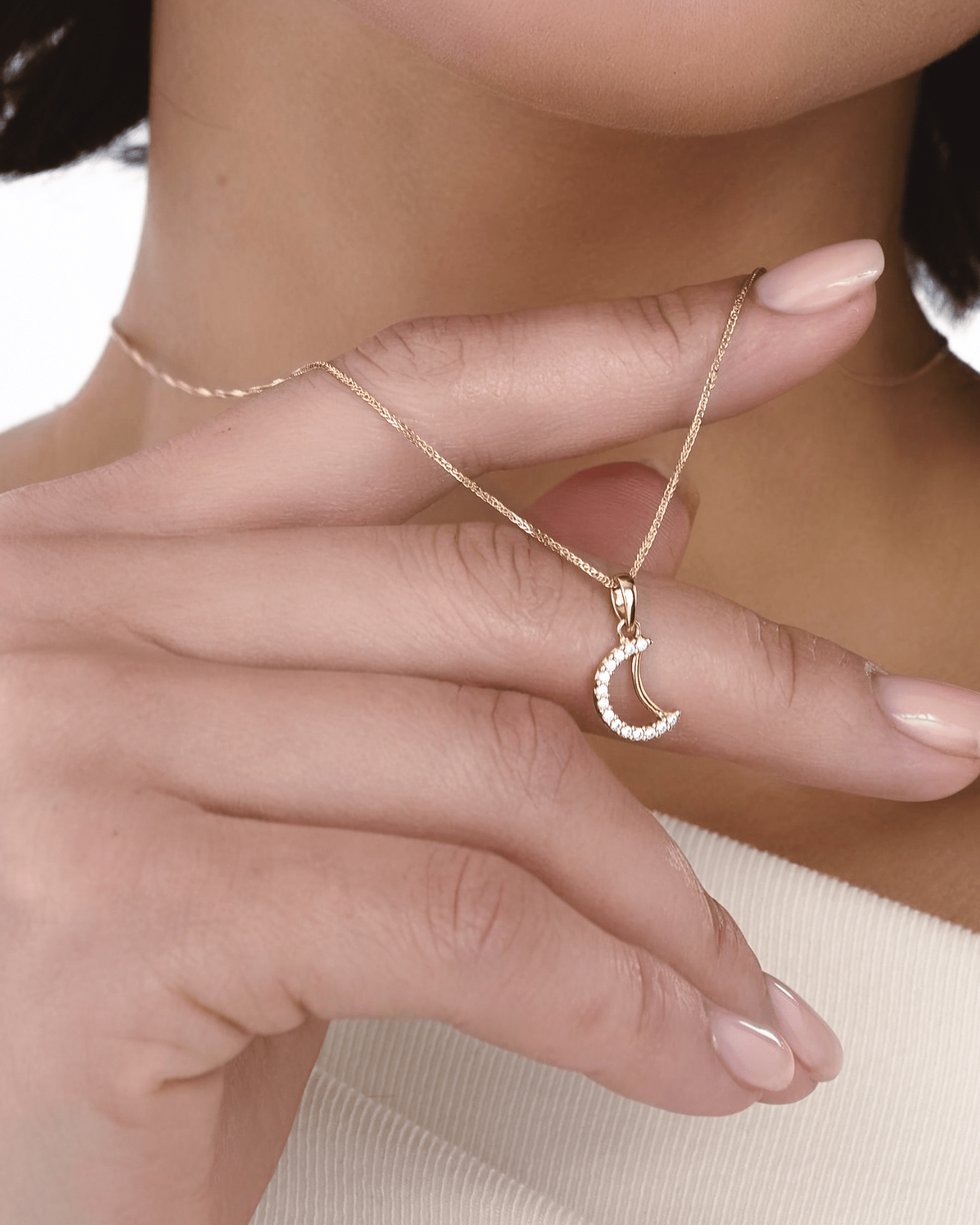 Pendente a Mezzaluna in Oro 14K con Zirconi - GIOIELLO ITALIANO