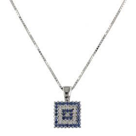 18kt white gold necklace with square diamond and sapphire pendant | Gioiello Italiano