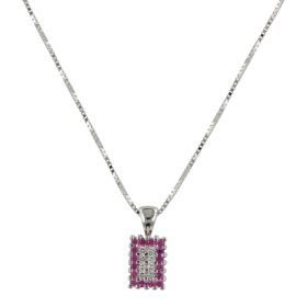 Collana con pendente rettangolare in oro bianco 18kt con diamanti e rubini | Gioiello Italiano