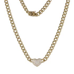 14kt yellow gold curb necklace with heart and cubic zirconia pavé | Gioiello Italiano