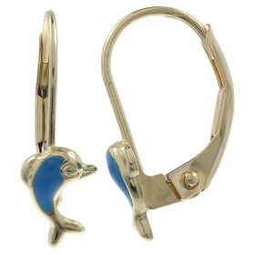 Girl's earrings in yellow gold with enamelled dolphins | Gioiello Italiano