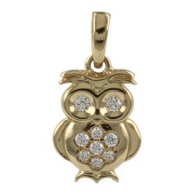 14kt gold "Owl" pendant with cubic zirconia | Gioiello Italiano
