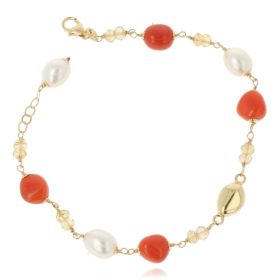'Joia' bracelet in 18kt yellow gold with coral and pearls | Gioiello Italiano