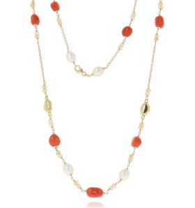 18kt Gelbgold 'Joia' lange Halskette mit Korallen und Perlen | Gioiello Italiano