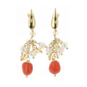 18kt yellow gold earrings with coral and natural pearls | Gioiello Italiano