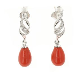 18kt white gold earrings with diamonds and coral | Gioiello Italiano