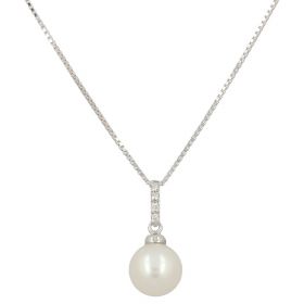 Necklace in 18kt white gold with diamonds 0.02ct and natural pearl | Gioiello Italiano