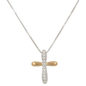 Collana con croce in oro bianco e rosa 18kt e diamanti 0.06ct | Gioiello Italiano