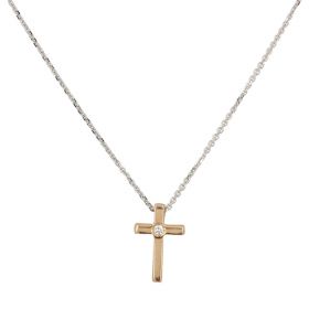 Necklace in 18kt white and rose gold with cross and diamond 0.01ct | Gioiello Italiano