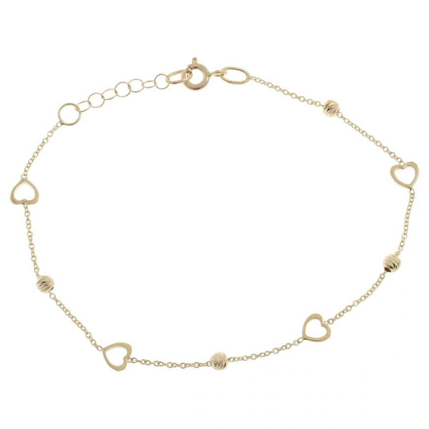 Bracelet with hearts and beads in yellow gold | Gioiello Italiano