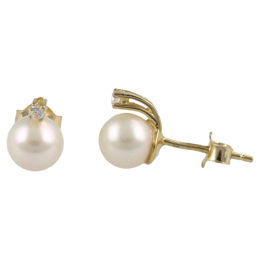 Yellow gold earrings with cultured pearls and zircons | Gioiello Italiano