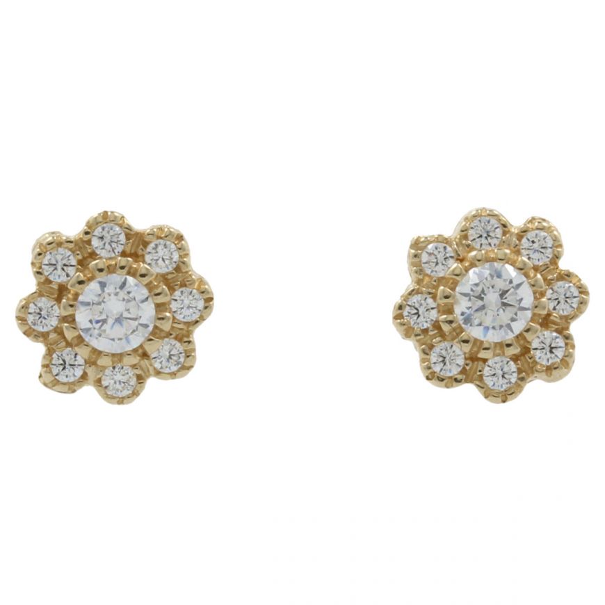 Flower earrings in yellow gold with white zircons | Gioiello Italiano
