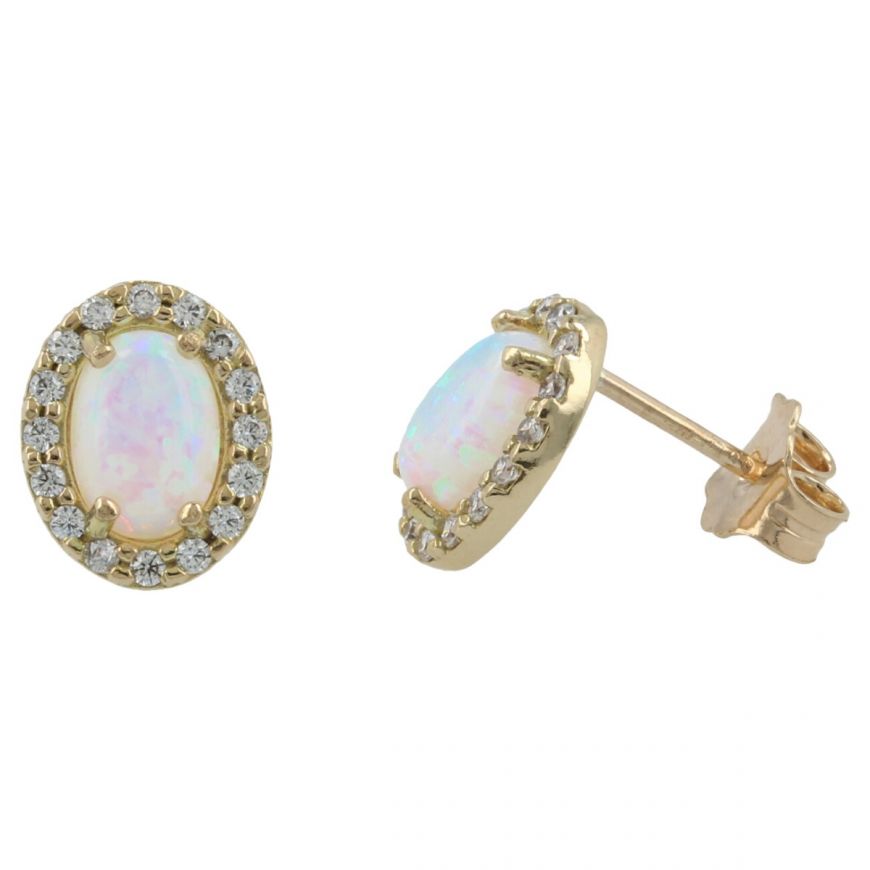 Yellow gold oval earrings with synthetic opal and zircons | Gioiello Italiano