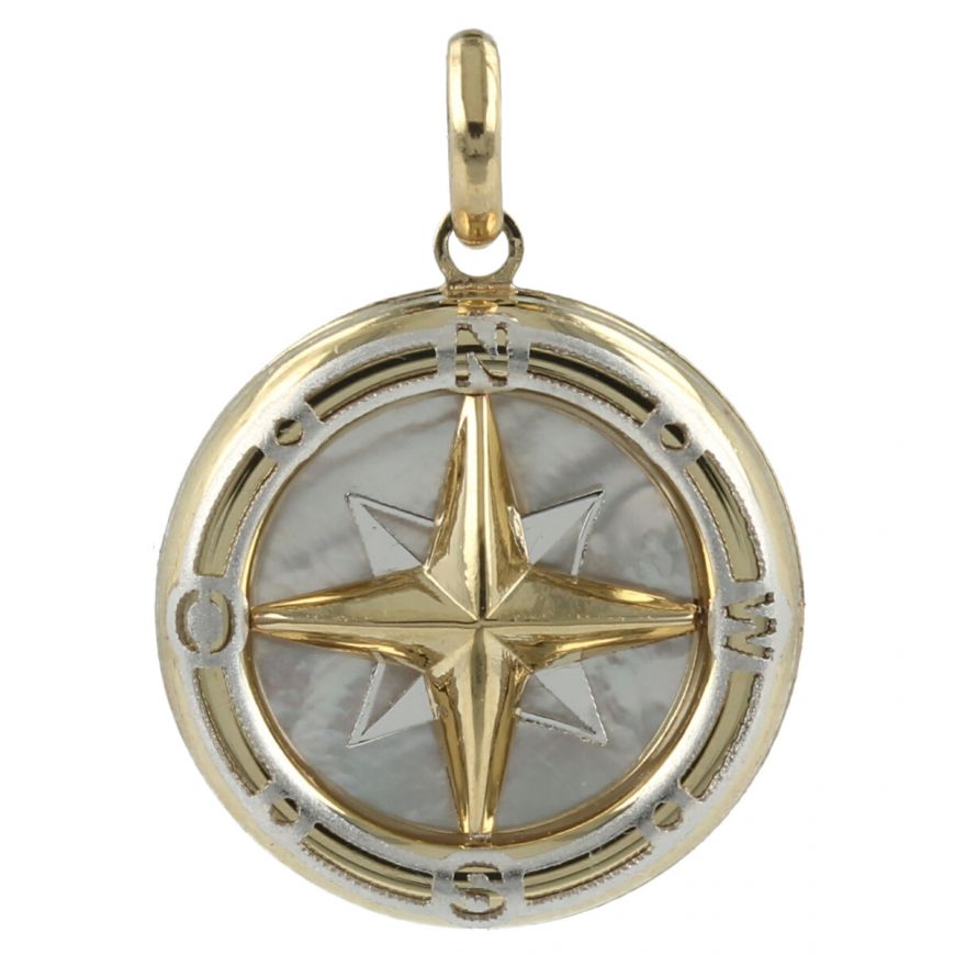 Wind Rose pendant in yellow and white gold with mother of pearl | Gioiello Italiano