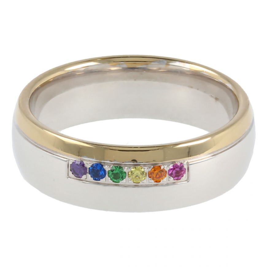 White and yellow gold band ring with coloured zircons | Gioiello Italiano