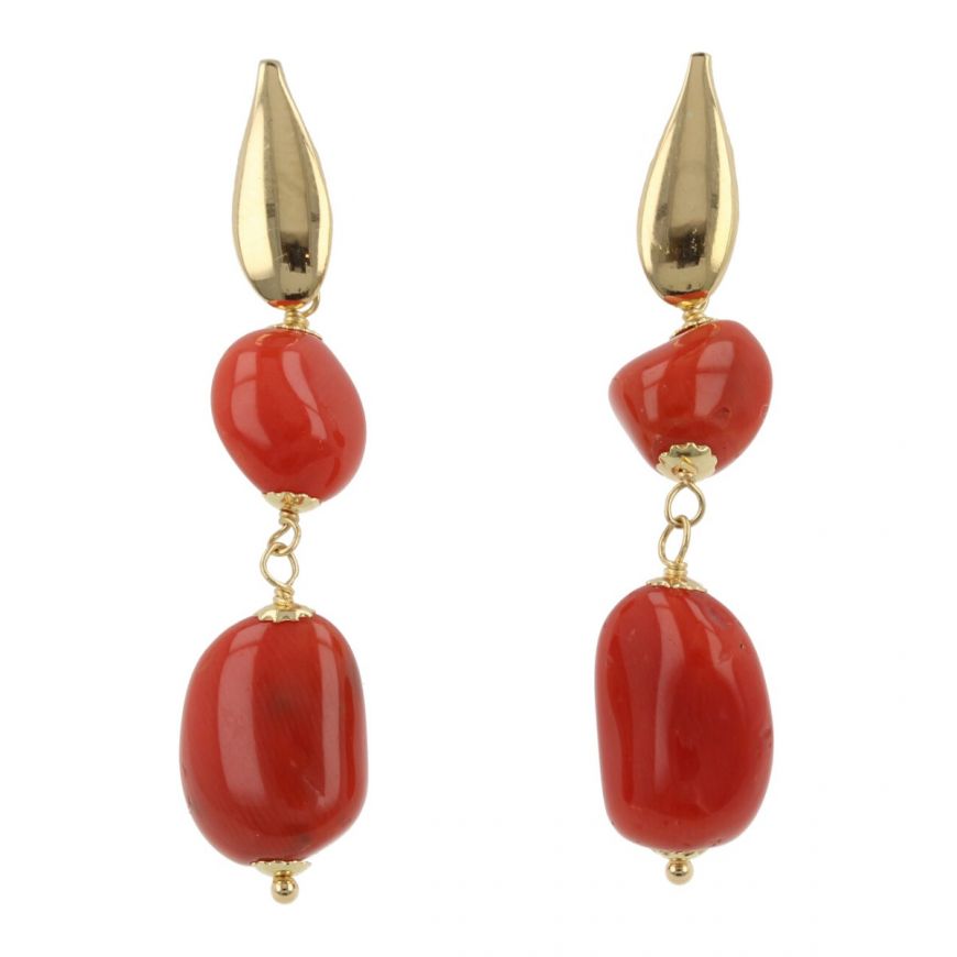 "Petra" earrings in 18kt yellow gold with red coral | Gioiello Italiano