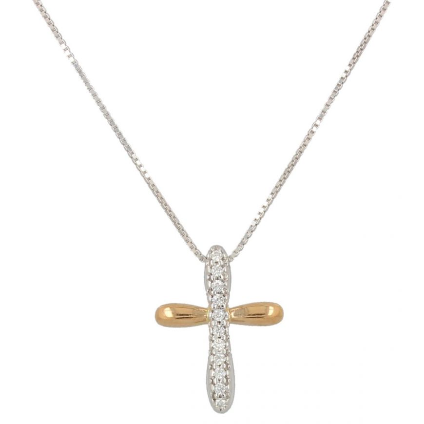 Halskette mit Kreuz aus 18kt Weiß- und Roségold und 0,06ct Diamanten | Gioiello Italiano