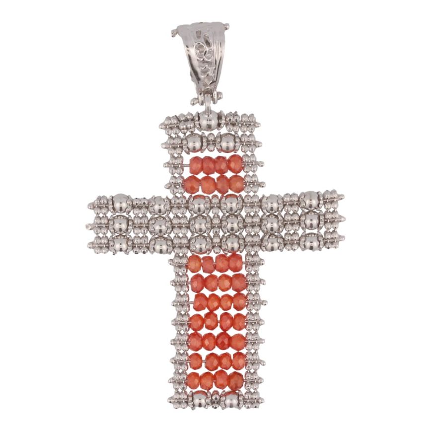 Silver cross pendant with colored glass beads-Arancione | Gioiello Italiano