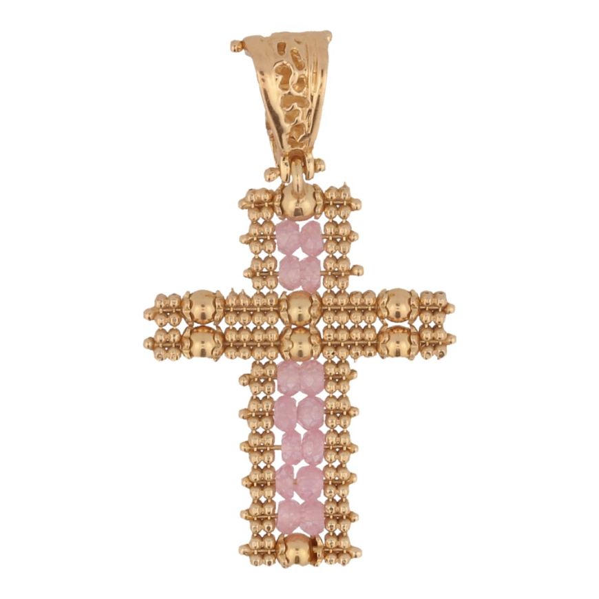 Pendente a croce in argento placcato oro con perline colorate-Rosa | Gioiello Italiano
