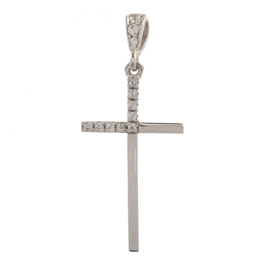 White gold glossy cross pendant with cubic zirconia | Gioiello Italiano