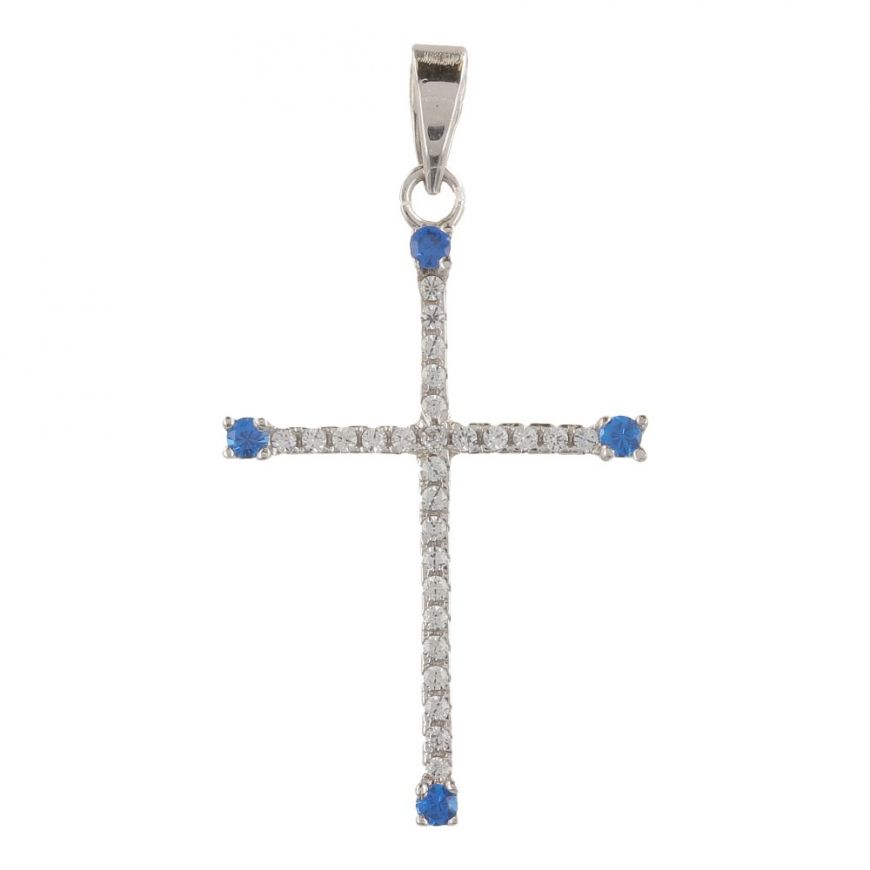 White gold cross pendant with white and blue zircons | Gioiello Italiano