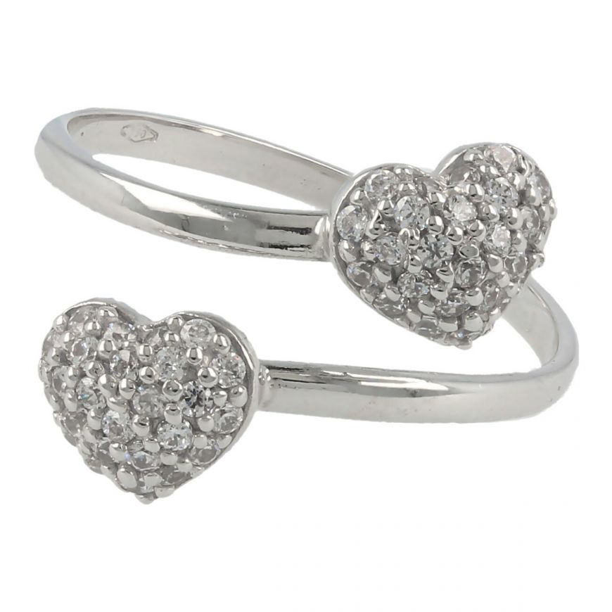 Ring with two hearts in 18kt white gold and zircons | Gioiello Italiano