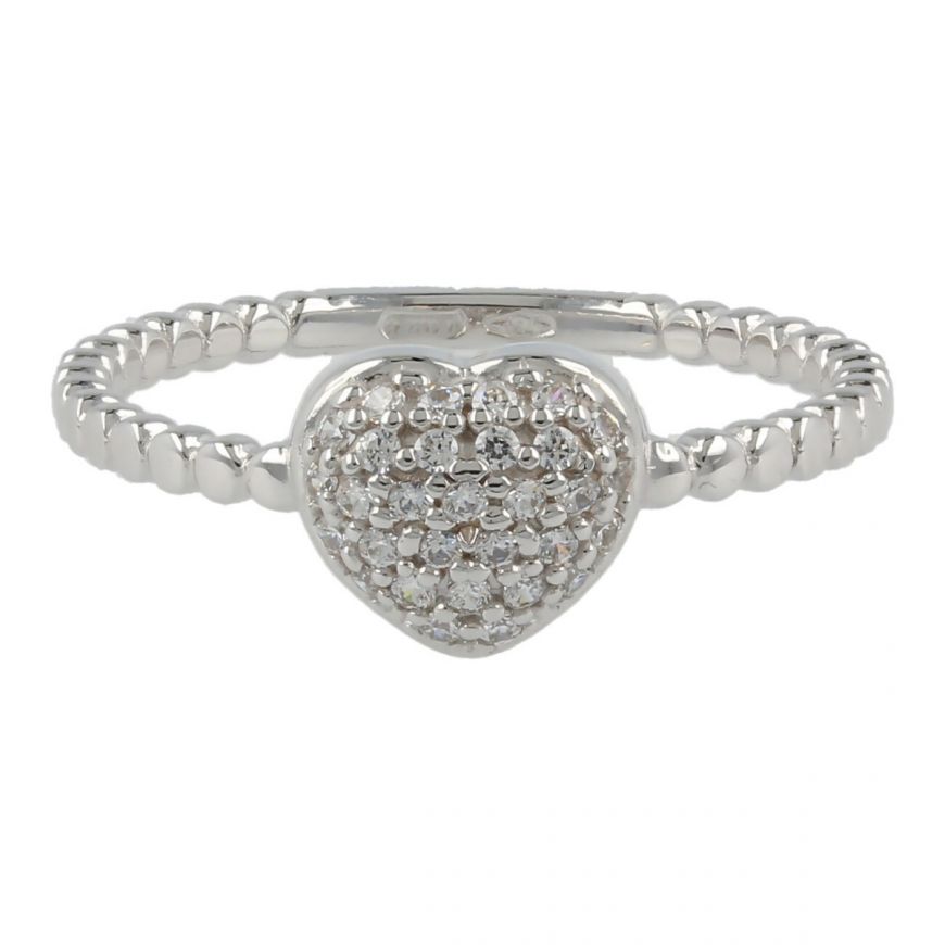 18kt white gold ring with heart and cubic zirconia pavé | Gioiello Italiano