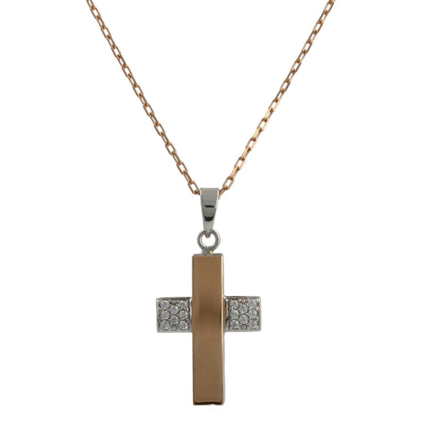 18kt pink and white gold cross necklace with cubic zirconia | Gioiello Italiano