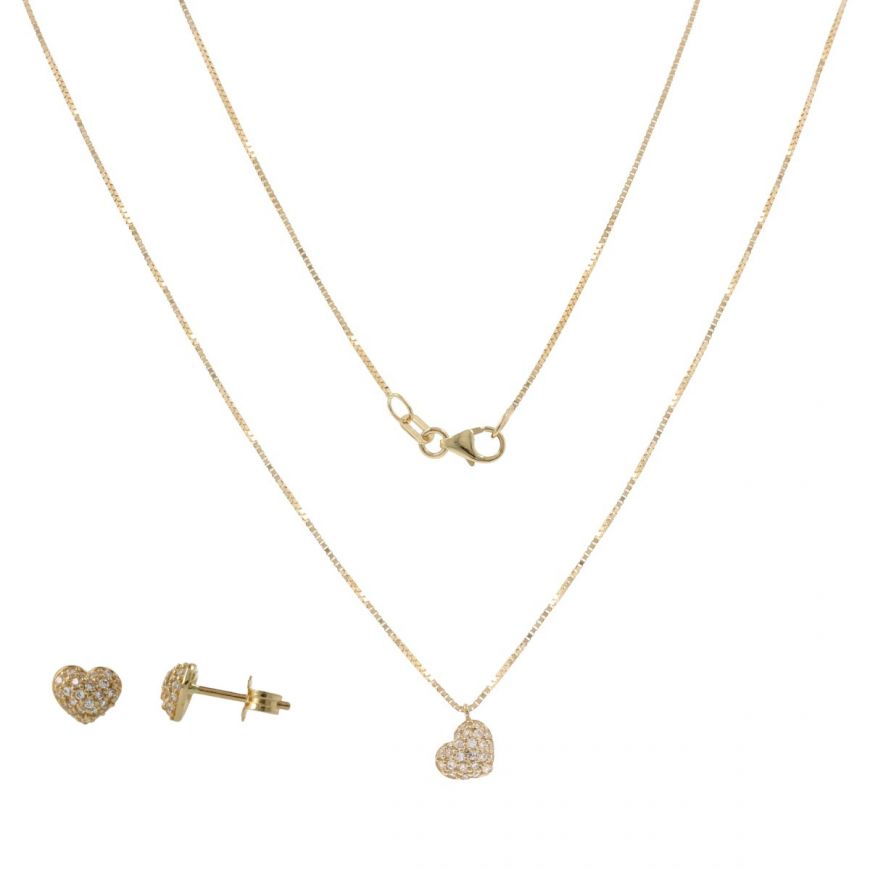 Yellow gold heart jewelry set with zircons pave | Gioiello Italiano
