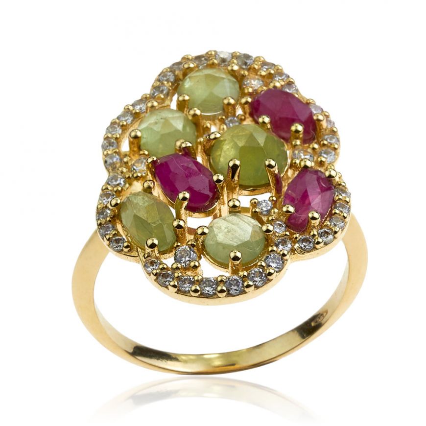 Yellow gold ring with green agate and pink sapphire | Gioiello Italiano